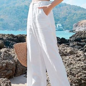 White linen pants, size M, high waisted with adjustable tie